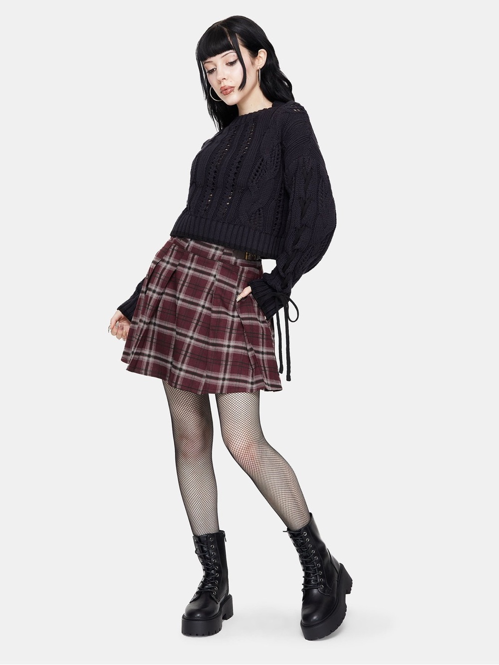 Disturbia Sycamore Cotton Lace Up Sleeve Cable Knit Crop Sweater in Navy Size XL
